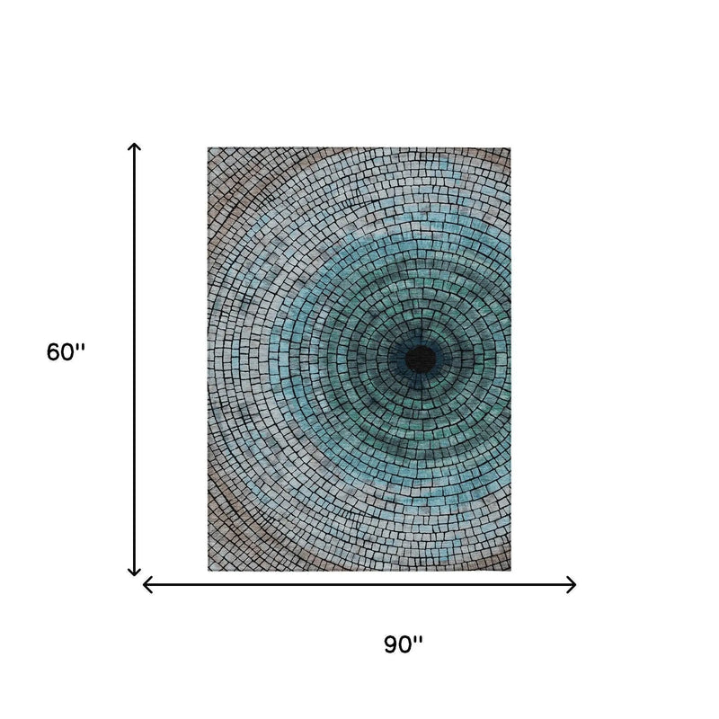 5' X 8' Teal Blue And Gray Geometric Washable Indoor Outdoor Area Rug Homeroots Outdoor