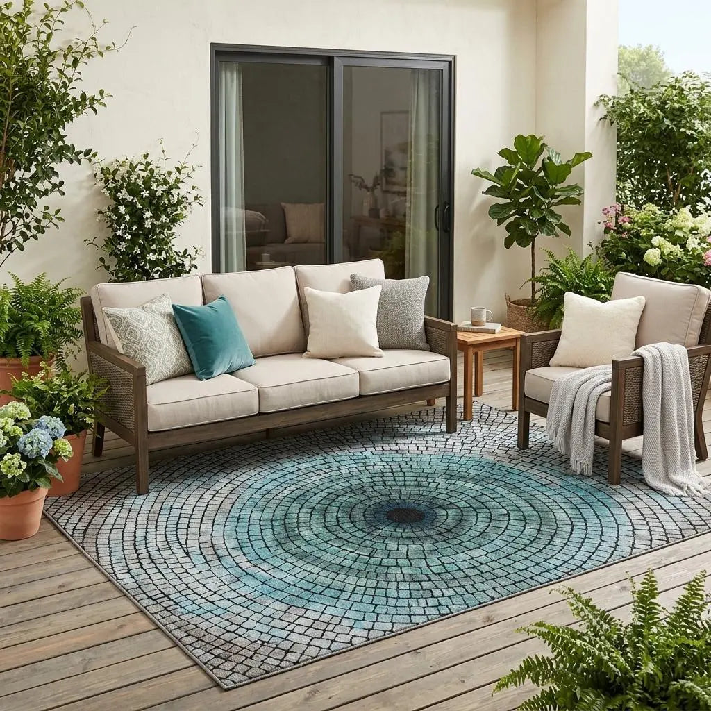 5' X 8' Teal Blue And Gray Geometric Washable Indoor Outdoor Area Rug Homeroots Outdoor