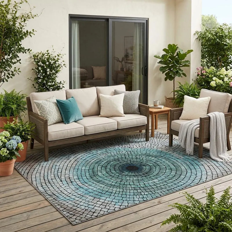 5' X 8' Teal Blue And Gray Geometric Washable Indoor Outdoor Area Rug Homeroots Outdoor