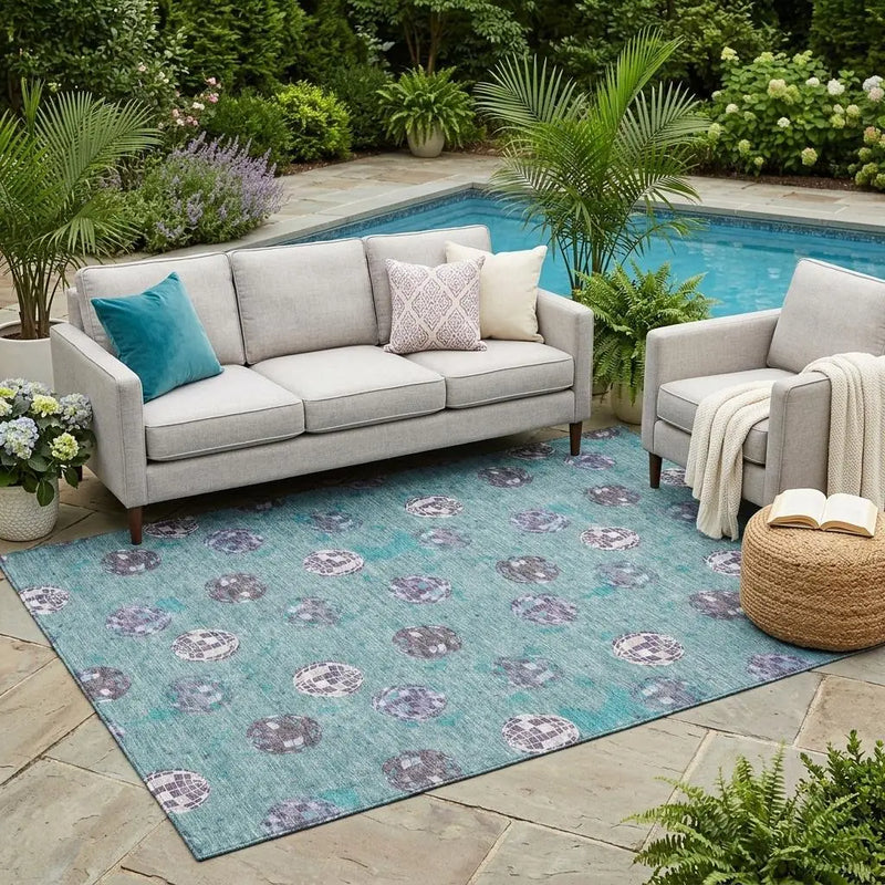 5' X 8' Teal Blue And Gray Geometric Washable Indoor Outdoor Area Rug Homeroots Outdoor