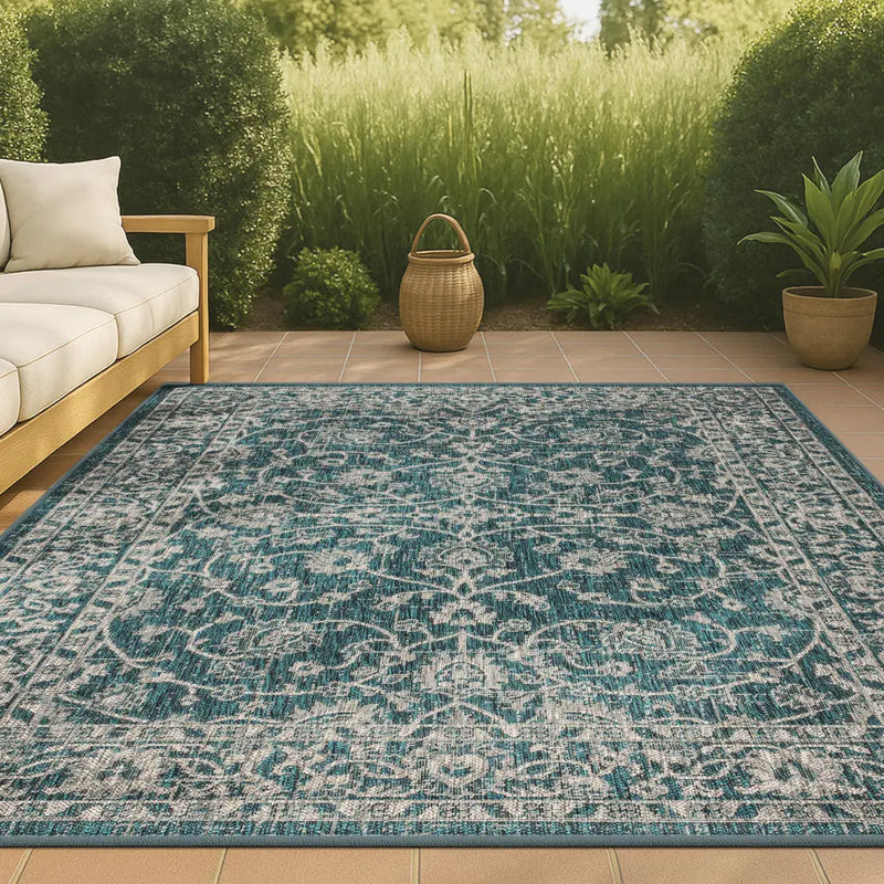 5' X 8' Teal Blue And Gray Medallion Indoor Outdoor Area Rug Homeroots Outdoor