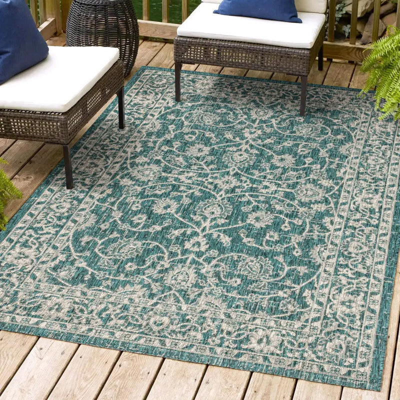 5' X 8' Teal Blue And Gray Medallion Indoor Outdoor Area Rug Homeroots Outdoor