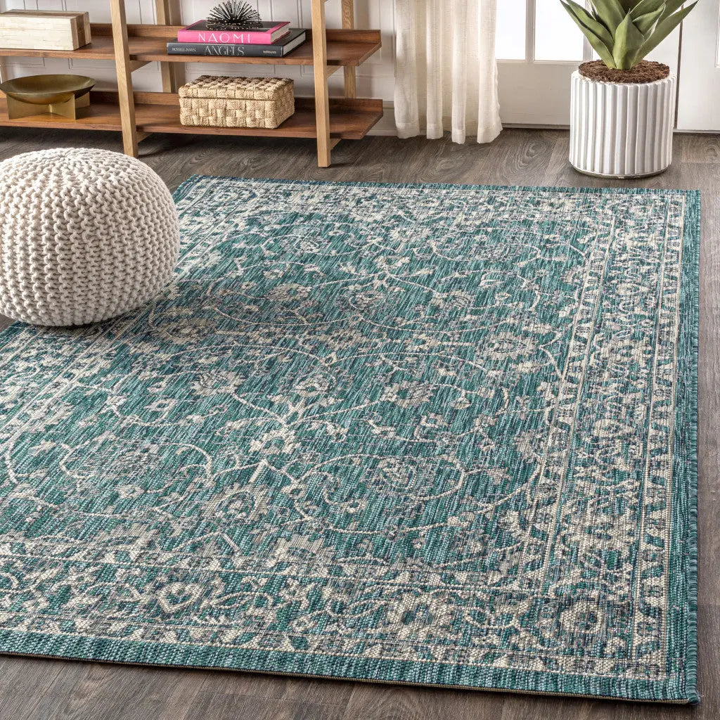 5' X 8' Teal Blue And Gray Medallion Indoor Outdoor Area Rug Homeroots Outdoor