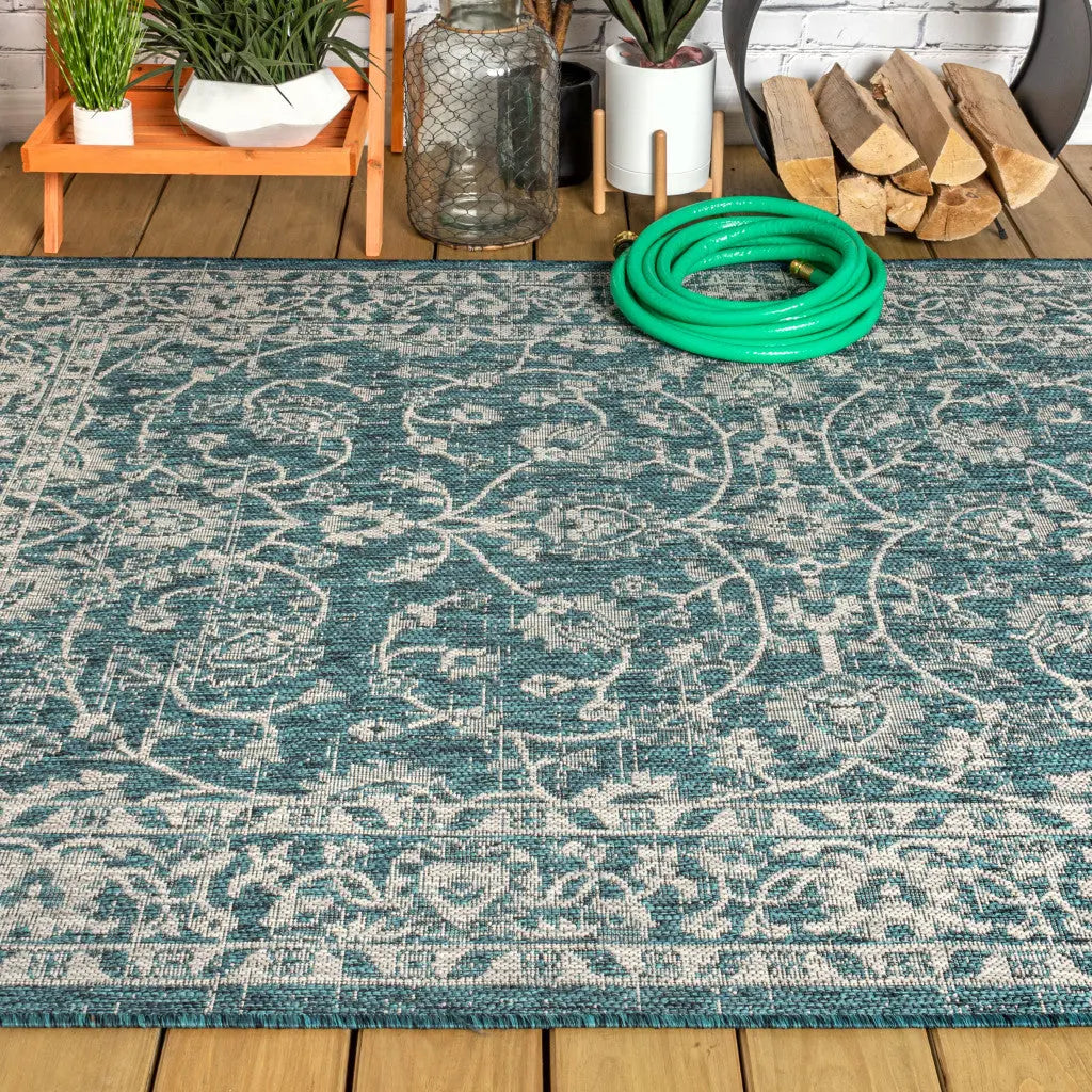 5' X 8' Teal Blue And Gray Medallion Indoor Outdoor Area Rug Homeroots Outdoor