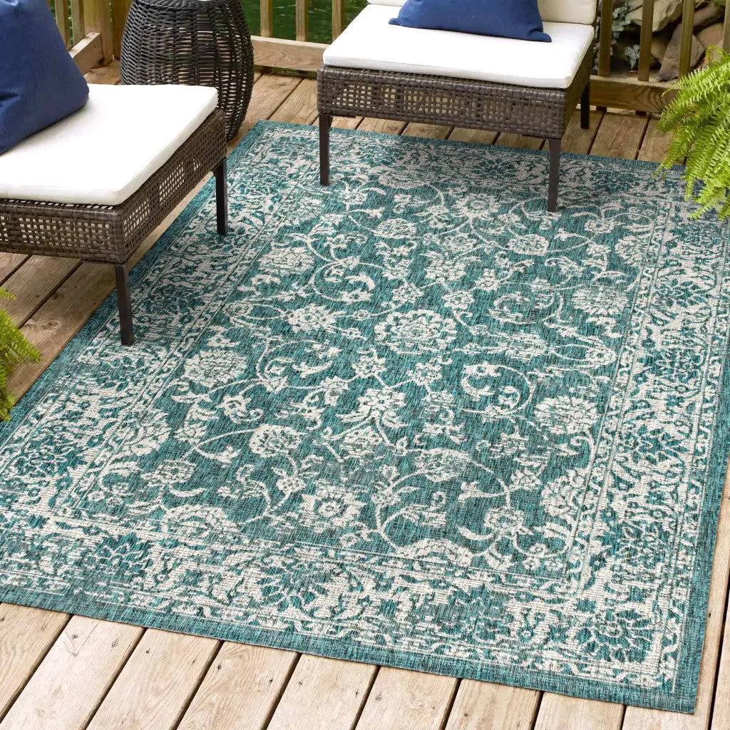 5' X 8' Teal Blue And Gray Medallion Indoor Outdoor Area Rug Homeroots Outdoor