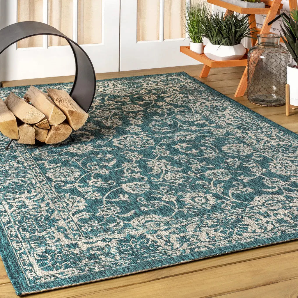 5' X 8' Teal Blue And Gray Medallion Indoor Outdoor Area Rug Homeroots Outdoor
