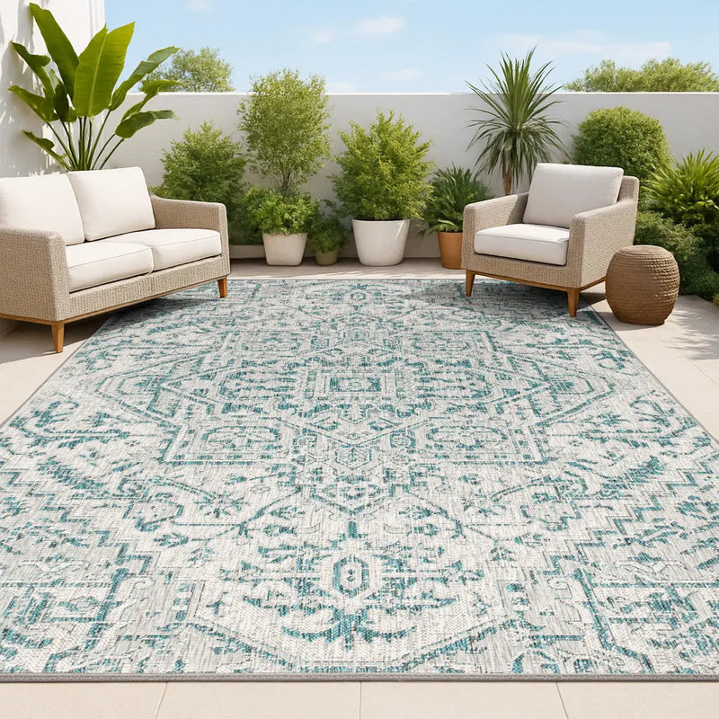 5' X 8' Teal Blue And Gray Medallion Indoor Outdoor Area Rug Homeroots Outdoor