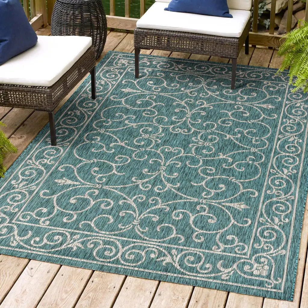 5' X 8' Teal Blue And Gray Medallion Indoor Outdoor Area Rug Homeroots Outdoor