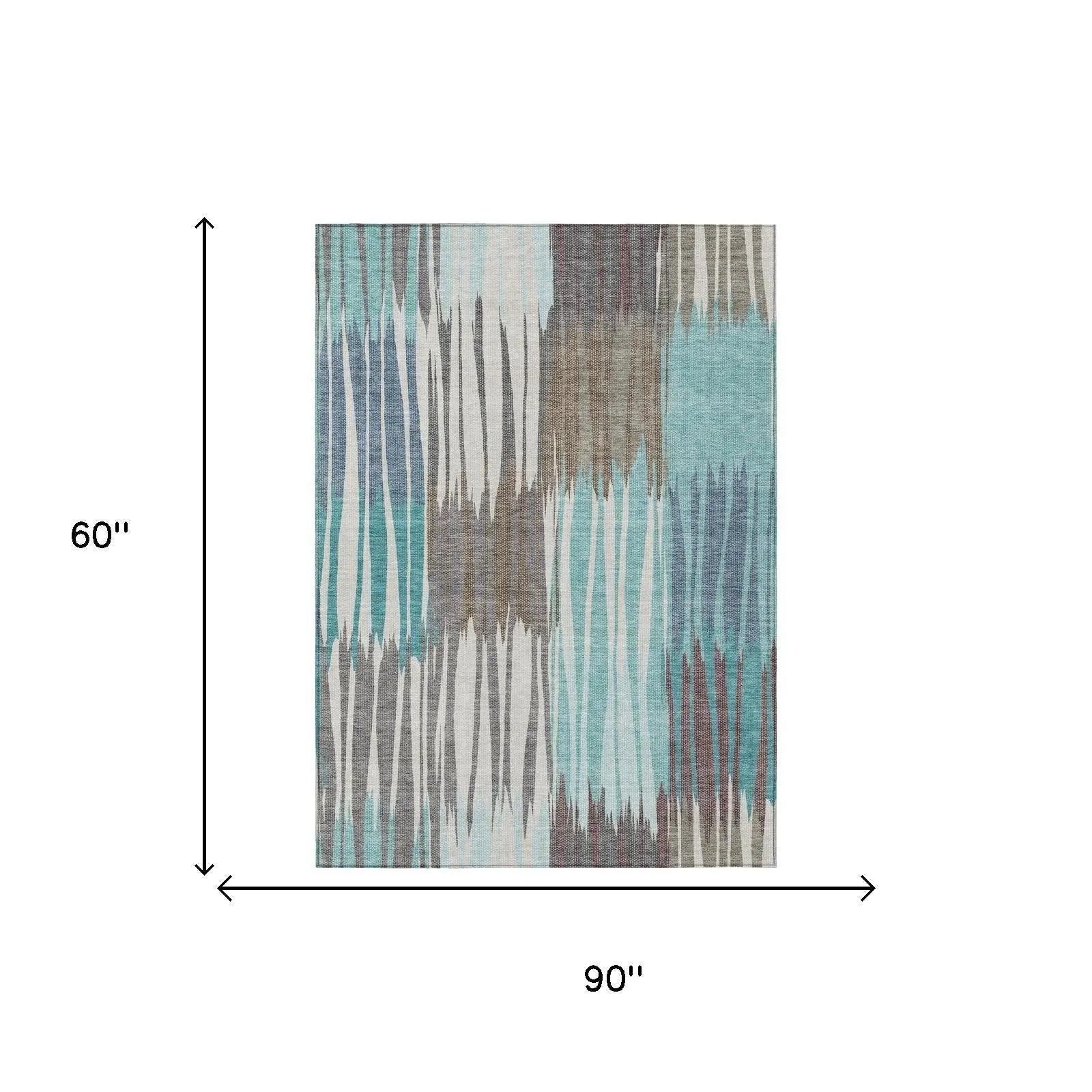 5' X 8' Teal Blue And Gray Striped Washable Indoor Outdoor Area Rug Homeroots Outdoor