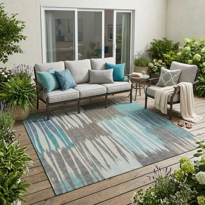 5' X 8' Teal Blue And Gray Striped Washable Indoor Outdoor Area Rug Homeroots Outdoor