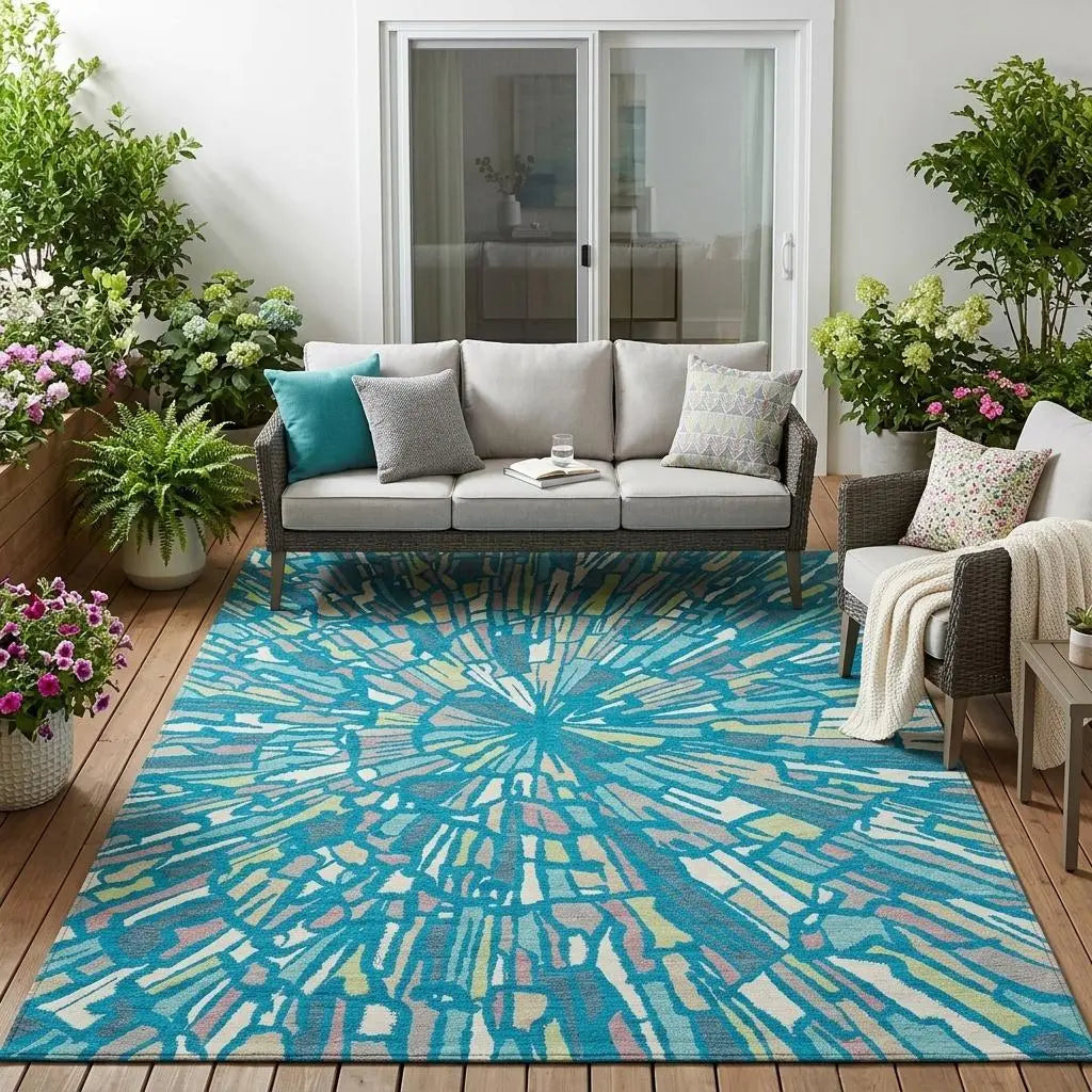 5' X 8' Teal Blue And Green Abstract Washable Indoor Outdoor Area Rug Homeroots Outdoor