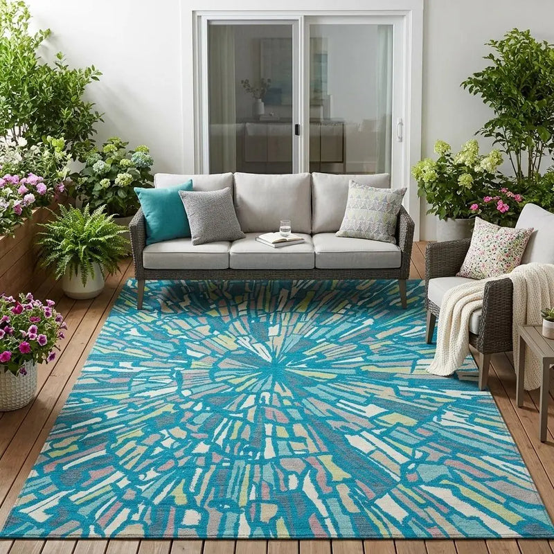 5' X 8' Teal Blue And Green Abstract Washable Indoor Outdoor Area Rug Homeroots Outdoor