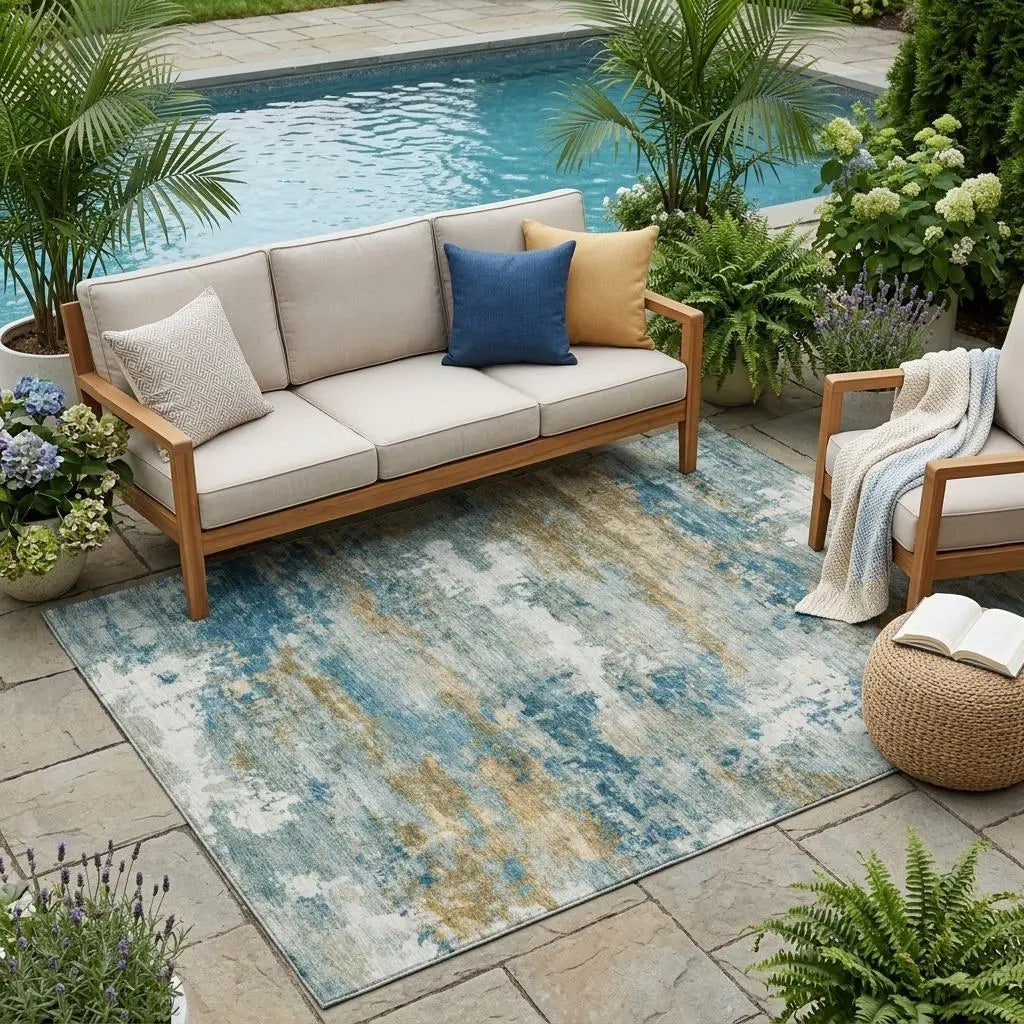5' X 8' Teal Blue And Green Abstract Washable Indoor Outdoor Area Rug Homeroots Outdoor