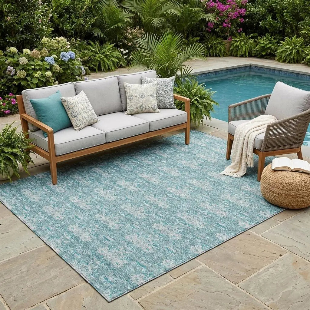 5' X 8' Teal Blue And Green Floral Washable Indoor Outdoor Area Rug Homeroots Outdoor