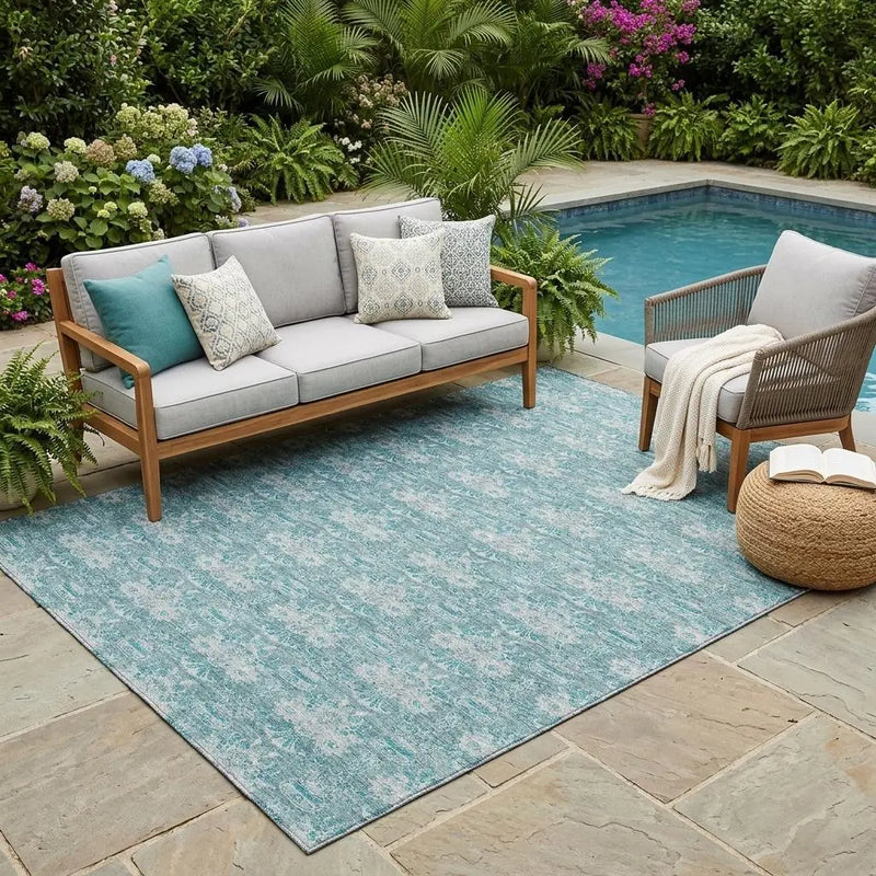 5' X 8' Teal Blue And Green Floral Washable Indoor Outdoor Area Rug Homeroots Outdoor