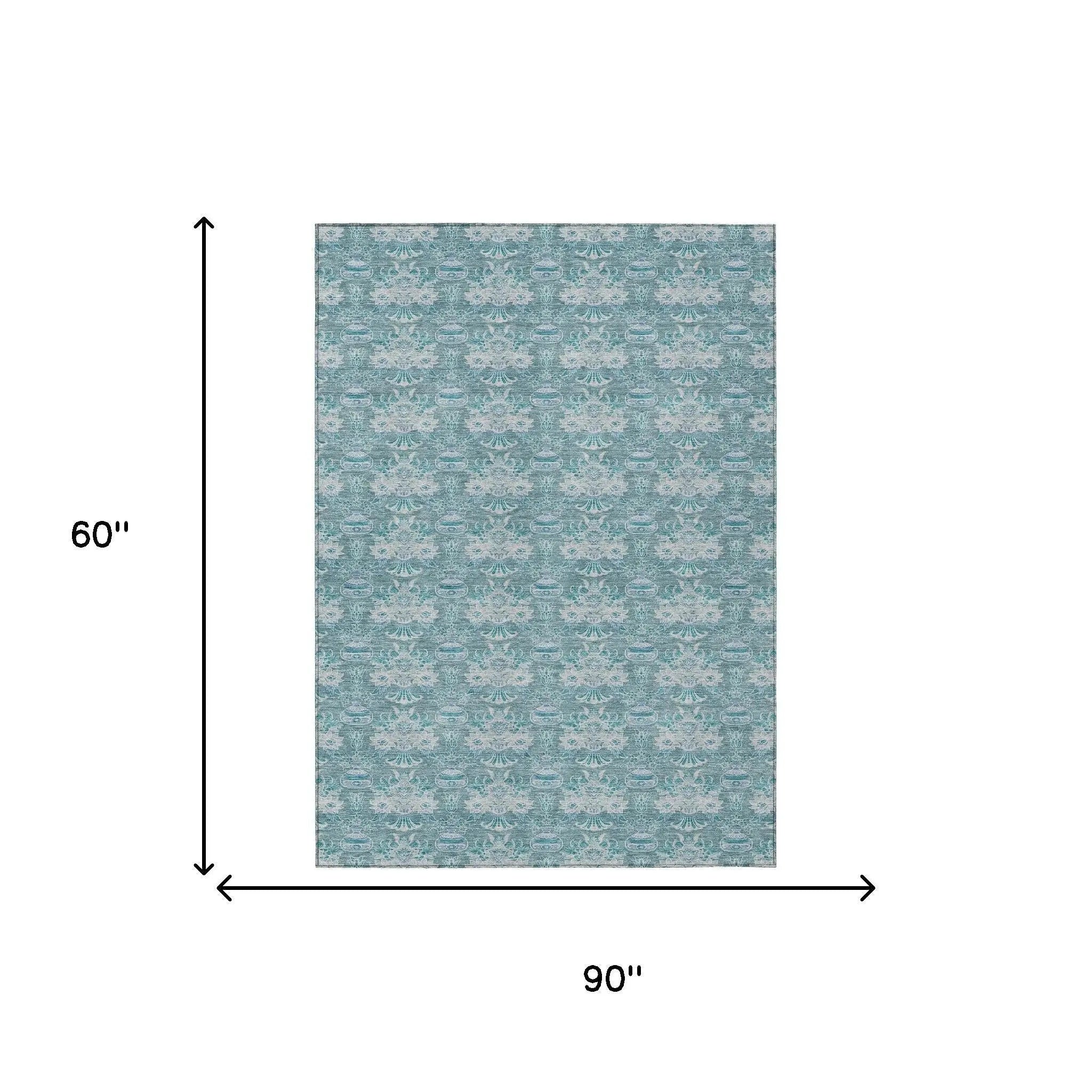 5' X 8' Teal Blue And Green Floral Washable Indoor Outdoor Area Rug Homeroots Outdoor