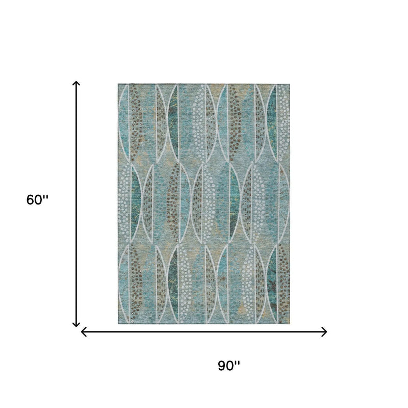 5' X 8' Teal Blue And Green Geometric Washable Indoor Outdoor Area Rug Homeroots Outdoor
