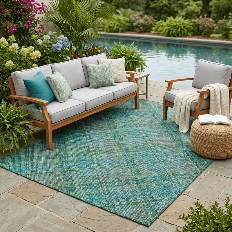 5' X 8' Teal Blue And Green Plaid Washable Indoor Outdoor Area Rug Homeroots Outdoor