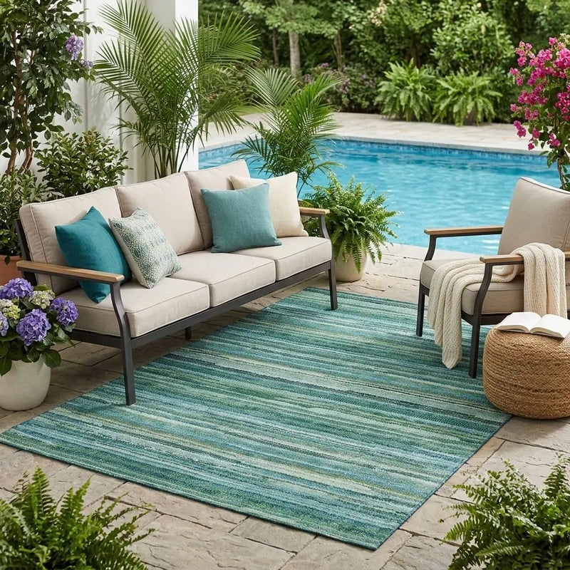 5' X 8' Teal Blue And Green Striped Washable Indoor Outdoor Area Rug Homeroots Outdoor