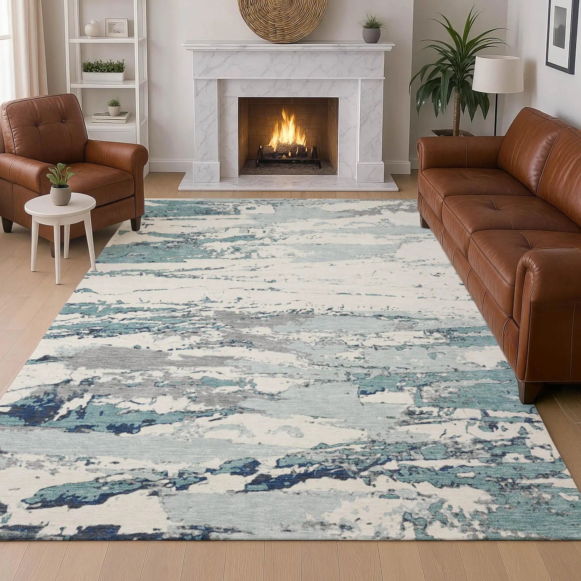 5' X 8' Teal Blue And Ivory Abstract Washable Indoor Outdoor Area Rug Homeroots Outdoor