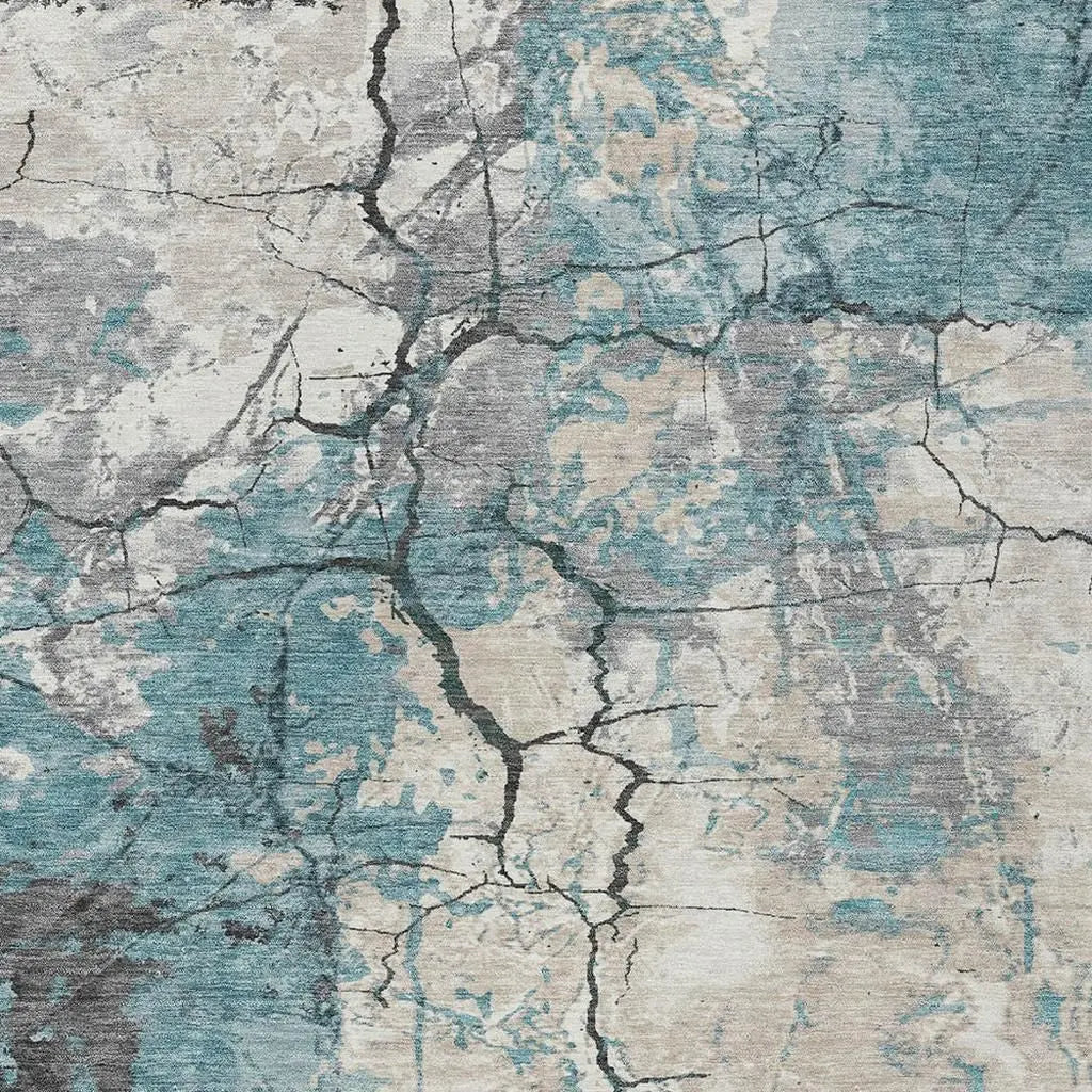 5' X 8' Teal Blue And Ivory Abstract Washable Indoor Outdoor Area Rug Homeroots Outdoor