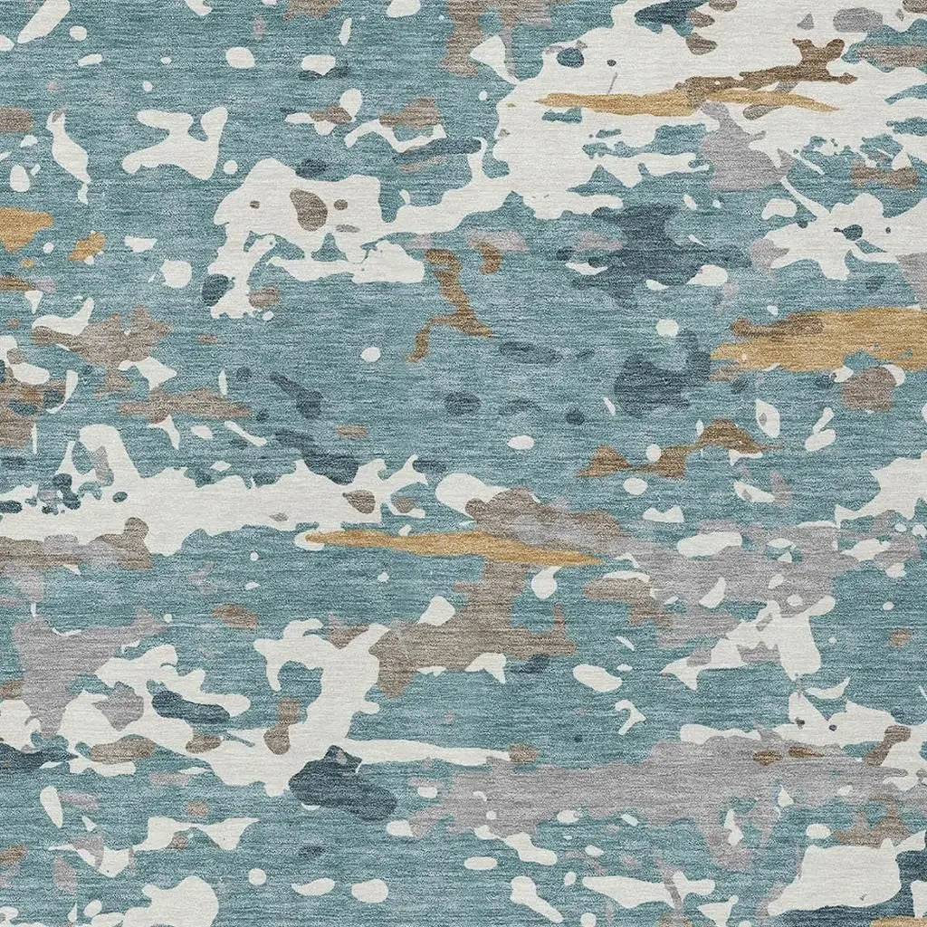 5' X 8' Teal Blue And Ivory Abstract Washable Indoor Outdoor Area Rug Homeroots Outdoor