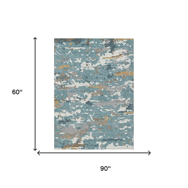 5' X 8' Teal Blue And Ivory Abstract Washable Indoor Outdoor Area Rug Homeroots Outdoor