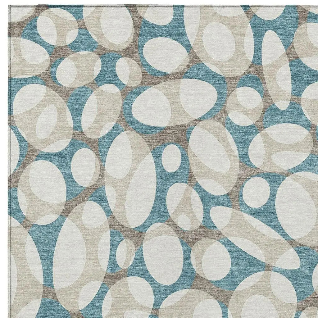5' X 8' Teal Blue And Ivory Abstract Washable Indoor Outdoor Area Rug Homeroots Outdoor