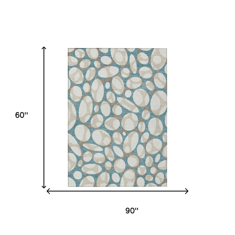 5' X 8' Teal Blue And Ivory Abstract Washable Indoor Outdoor Area Rug Homeroots Outdoor