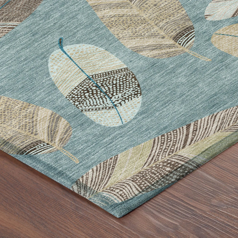 5' X 8' Teal Blue And Ivory Botanical Leaves Washable Indoor Outdoor Area Rug Homeroots Outdoor