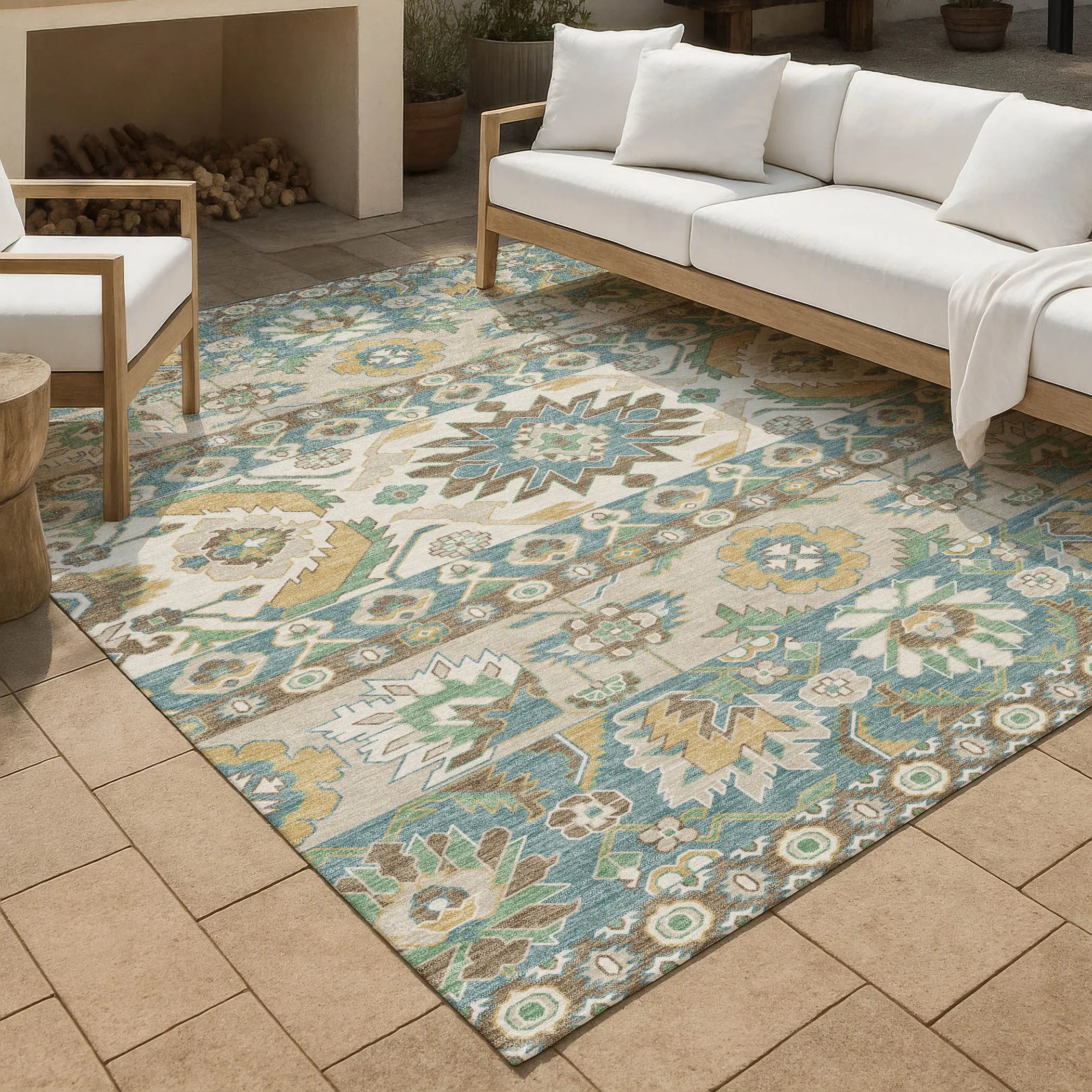5' X 8' Teal Blue And Ivory Cactus Washable Indoor Outdoor Area Rug Homeroots Outdoor