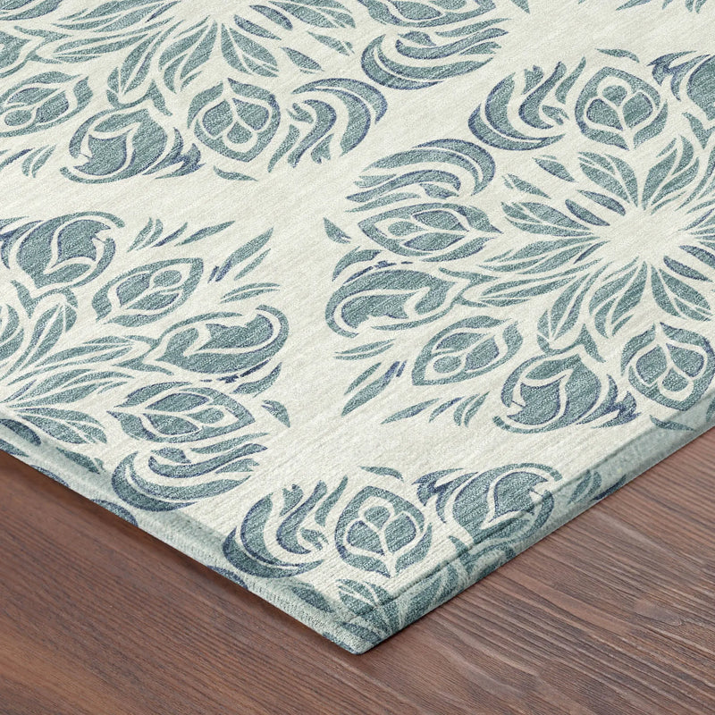 5' X 8' Teal Blue And Ivory Damask Washable Indoor Outdoor Area Rug Homeroots Outdoor