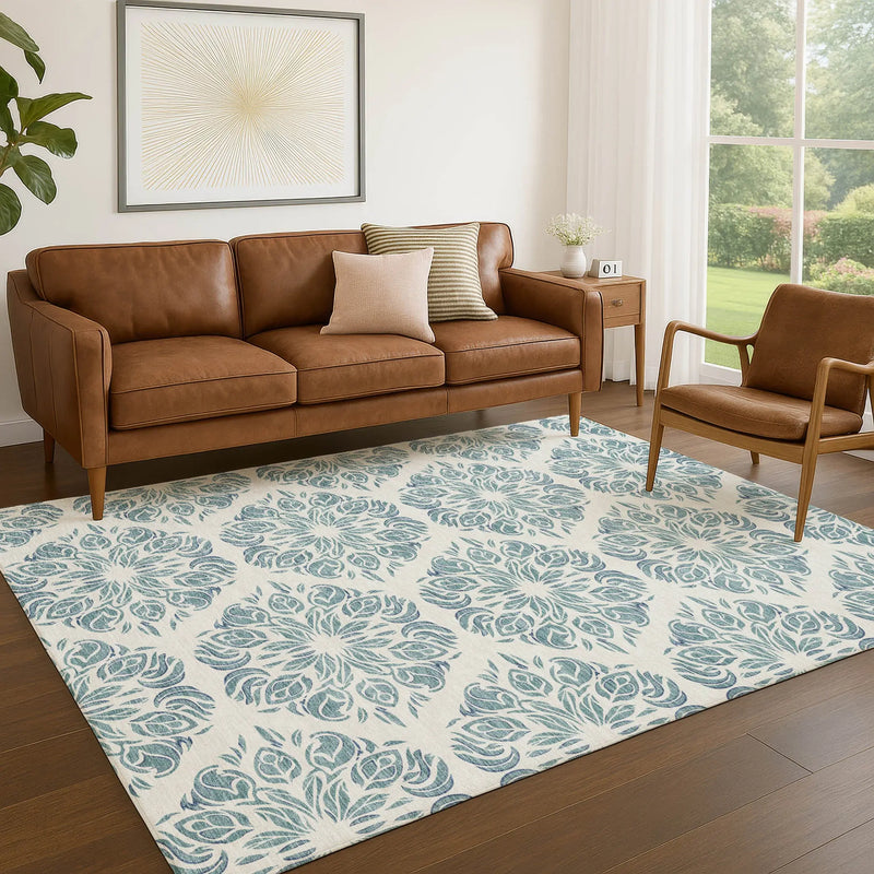 5' X 8' Teal Blue And Ivory Damask Washable Indoor Outdoor Area Rug Homeroots Outdoor