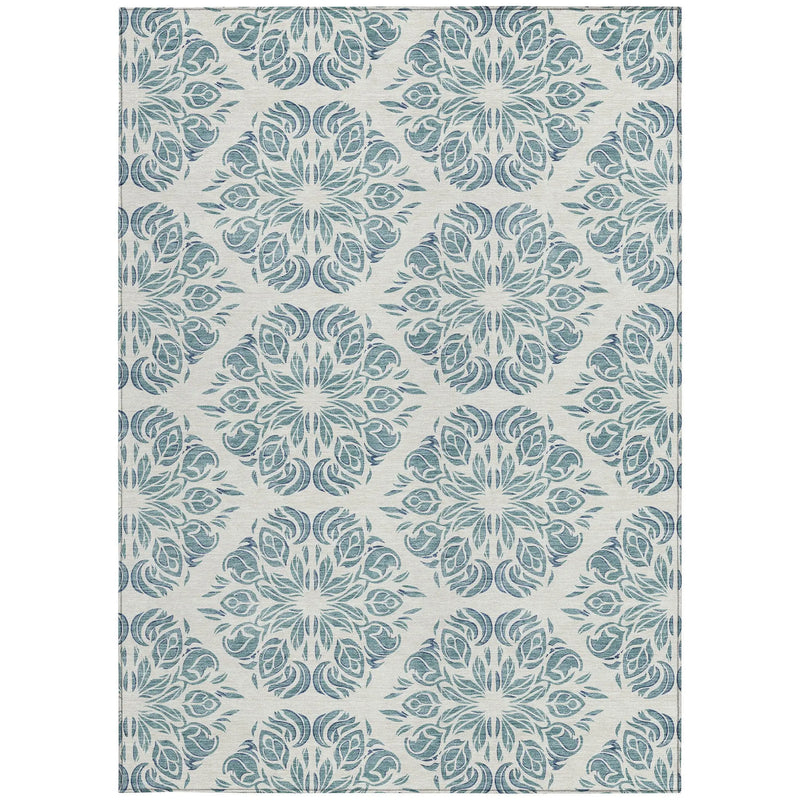 5' X 8' Teal Blue And Ivory Damask Washable Indoor Outdoor Area Rug Homeroots Outdoor
