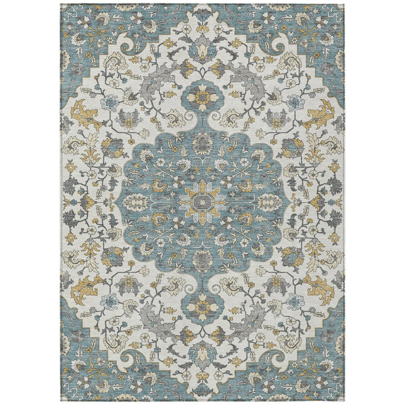 5' X 8' Teal Blue And Ivory Floral Medallion Washable Indoor Outdoor Area Rug Homeroots Outdoor