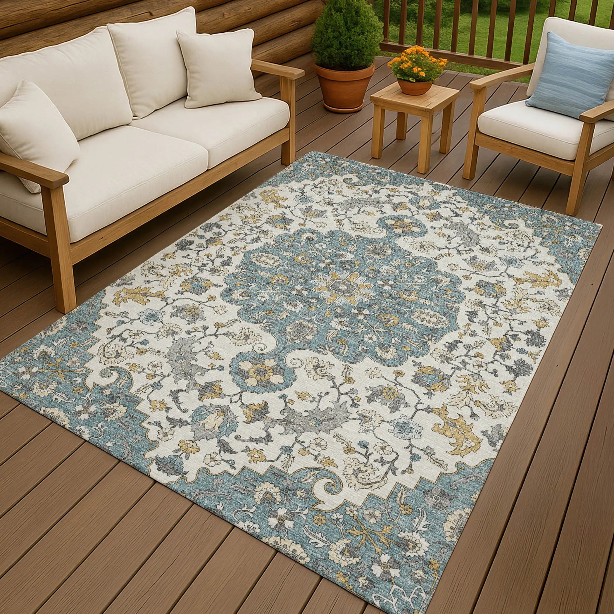 5' X 8' Teal Blue And Ivory Floral Medallion Washable Indoor Outdoor Area Rug Homeroots Outdoor