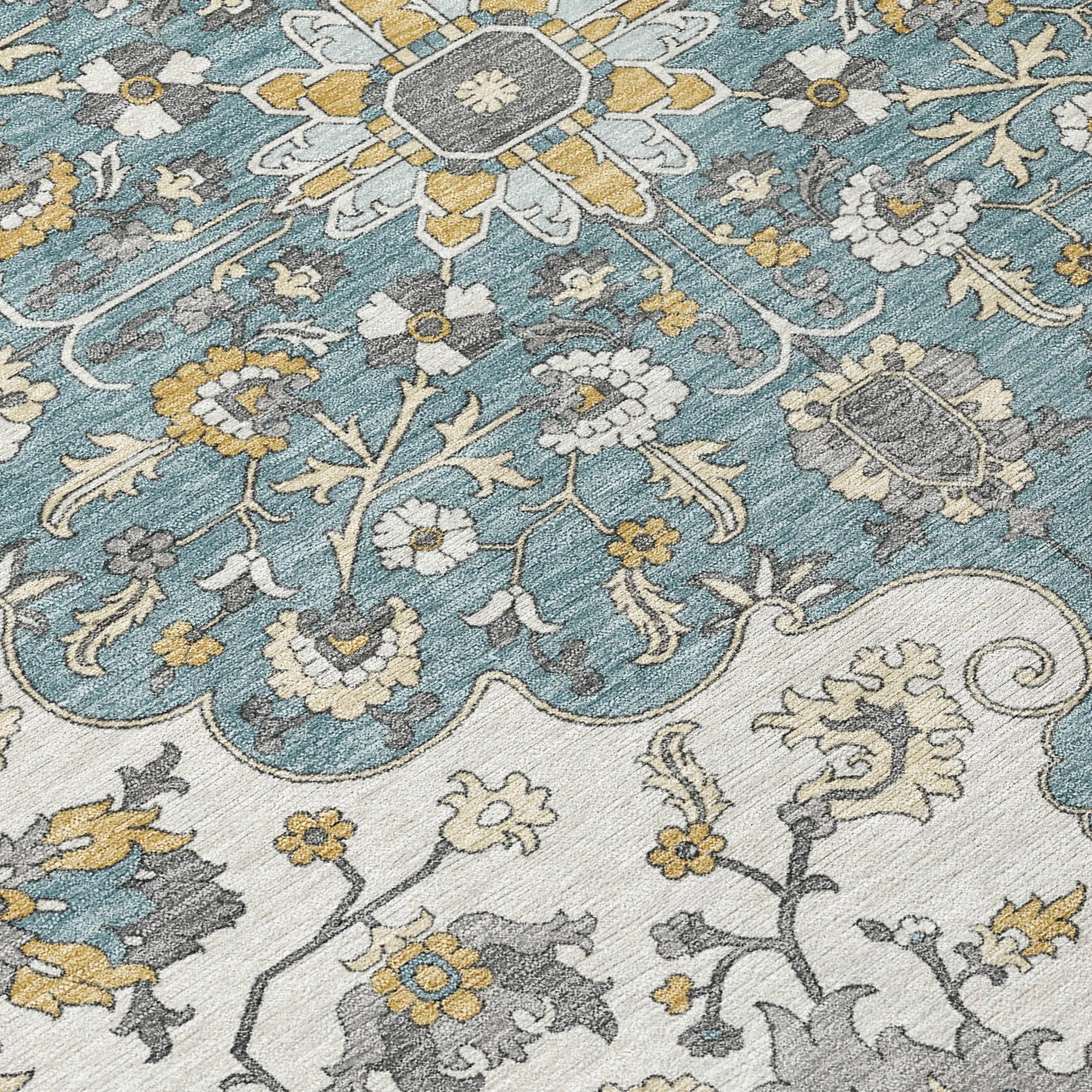 5' X 8' Teal Blue And Ivory Floral Medallion Washable Indoor Outdoor Area Rug Homeroots Outdoor