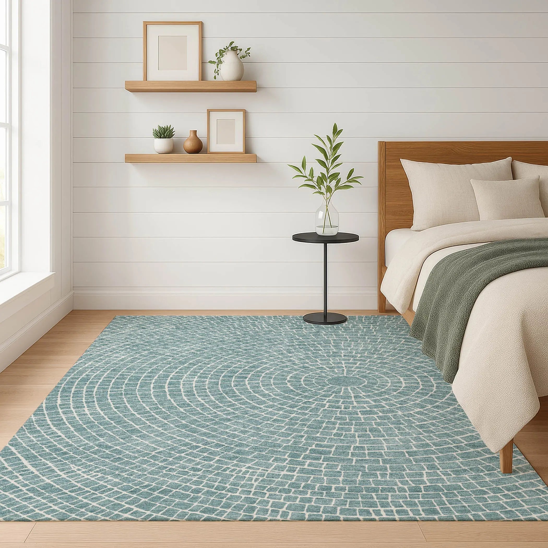 5' X 8' Teal Blue And Ivory Geometric Washable Indoor Outdoor Area Rug Homeroots Outdoor