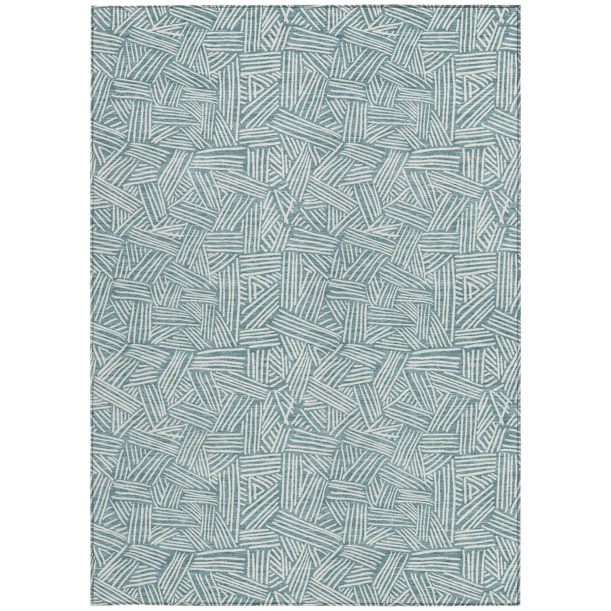 5' X 8' Teal Blue And Ivory Geometric Washable Indoor Outdoor Area Rug Homeroots Outdoor