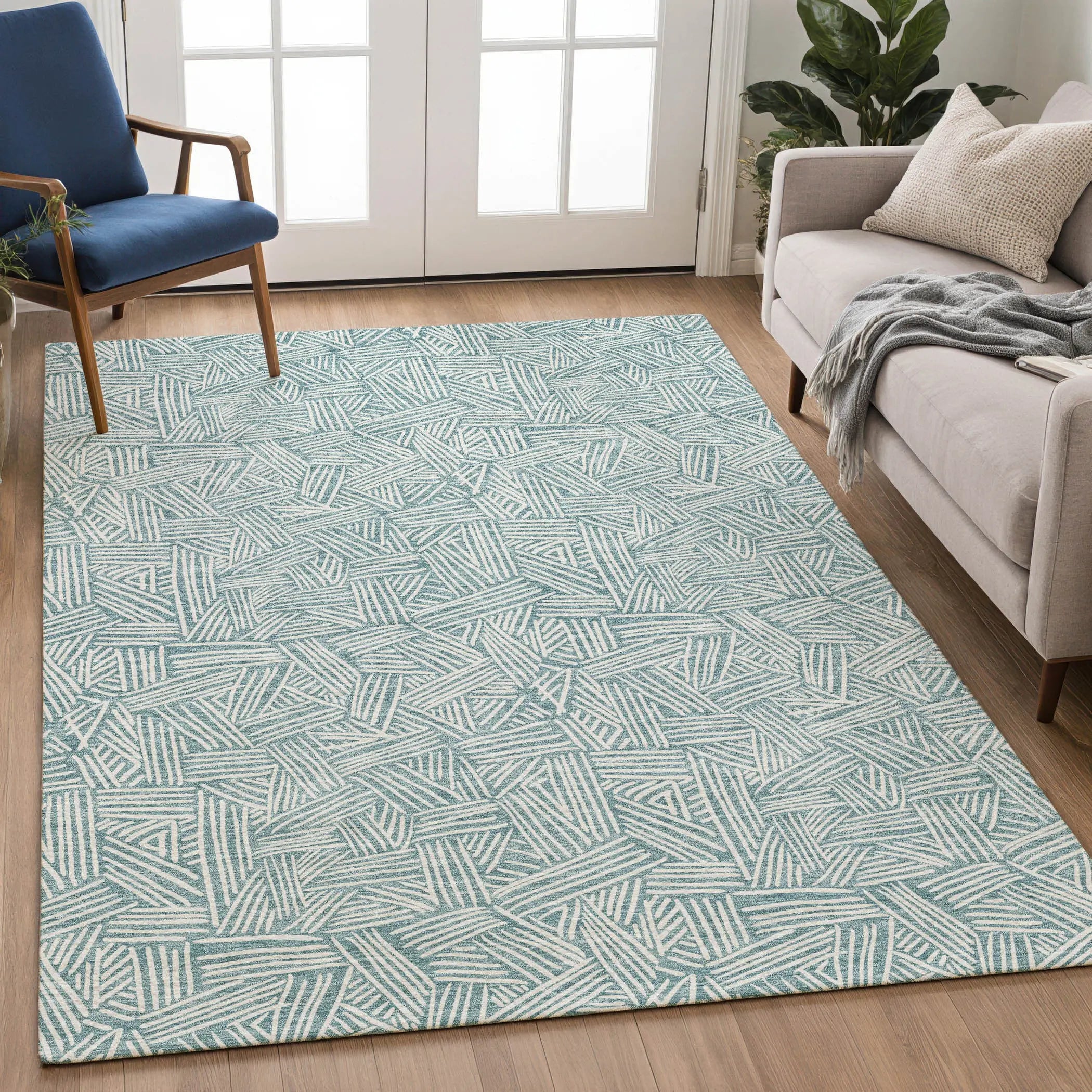 5' X 8' Teal Blue And Ivory Geometric Washable Indoor Outdoor Area Rug Homeroots Outdoor