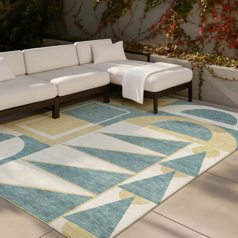 5' X 8' Teal Blue And Ivory Geometric Washable Indoor Outdoor Area Rug Homeroots Outdoor