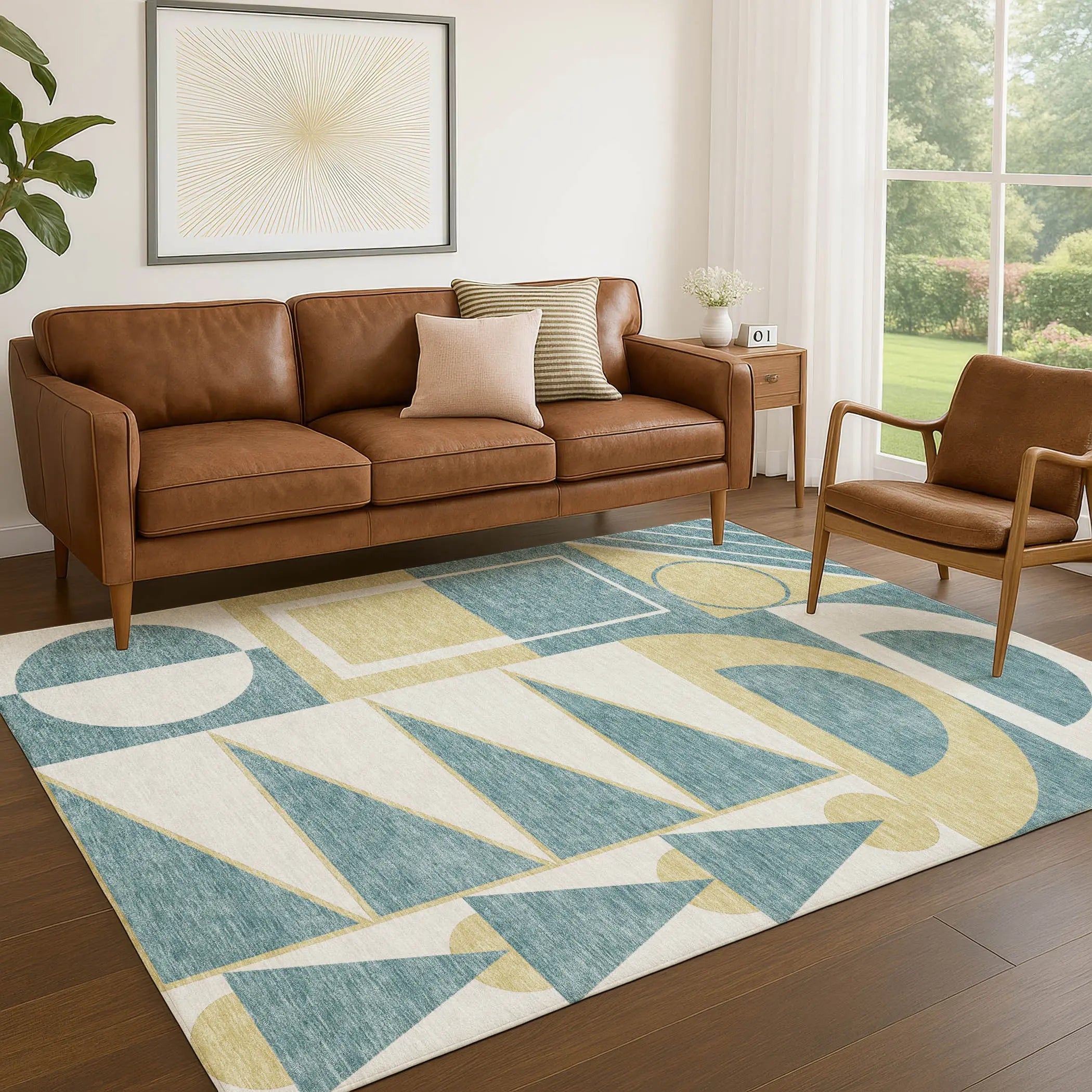 5' X 8' Teal Blue And Ivory Geometric Washable Indoor Outdoor Area Rug Homeroots Outdoor