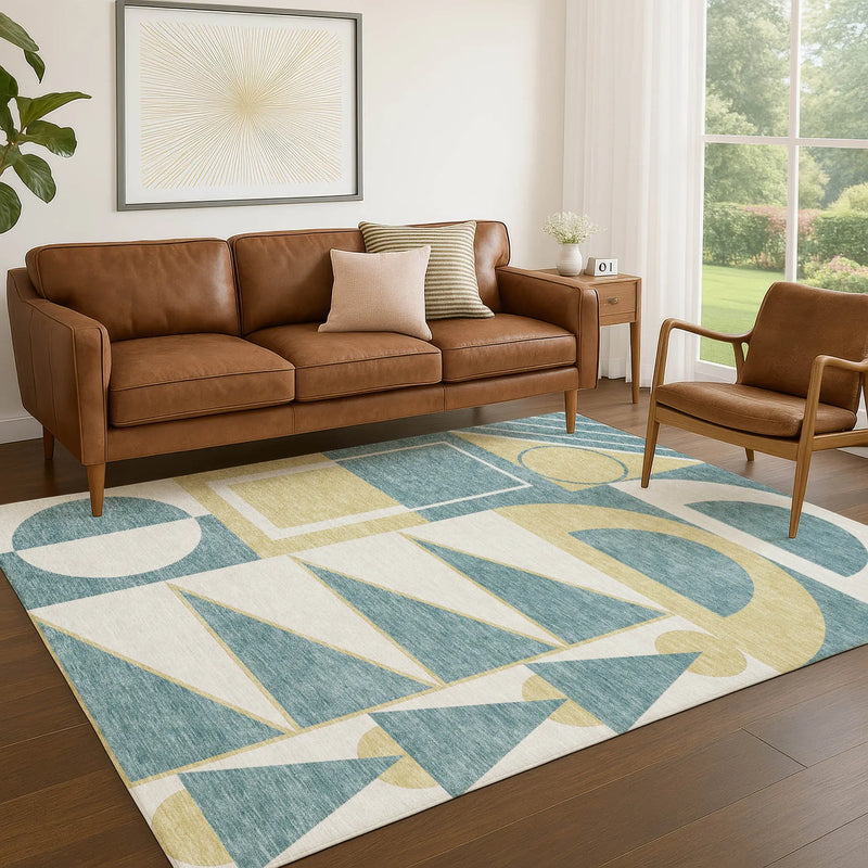 5' X 8' Teal Blue And Ivory Geometric Washable Indoor Outdoor Area Rug Homeroots Outdoor