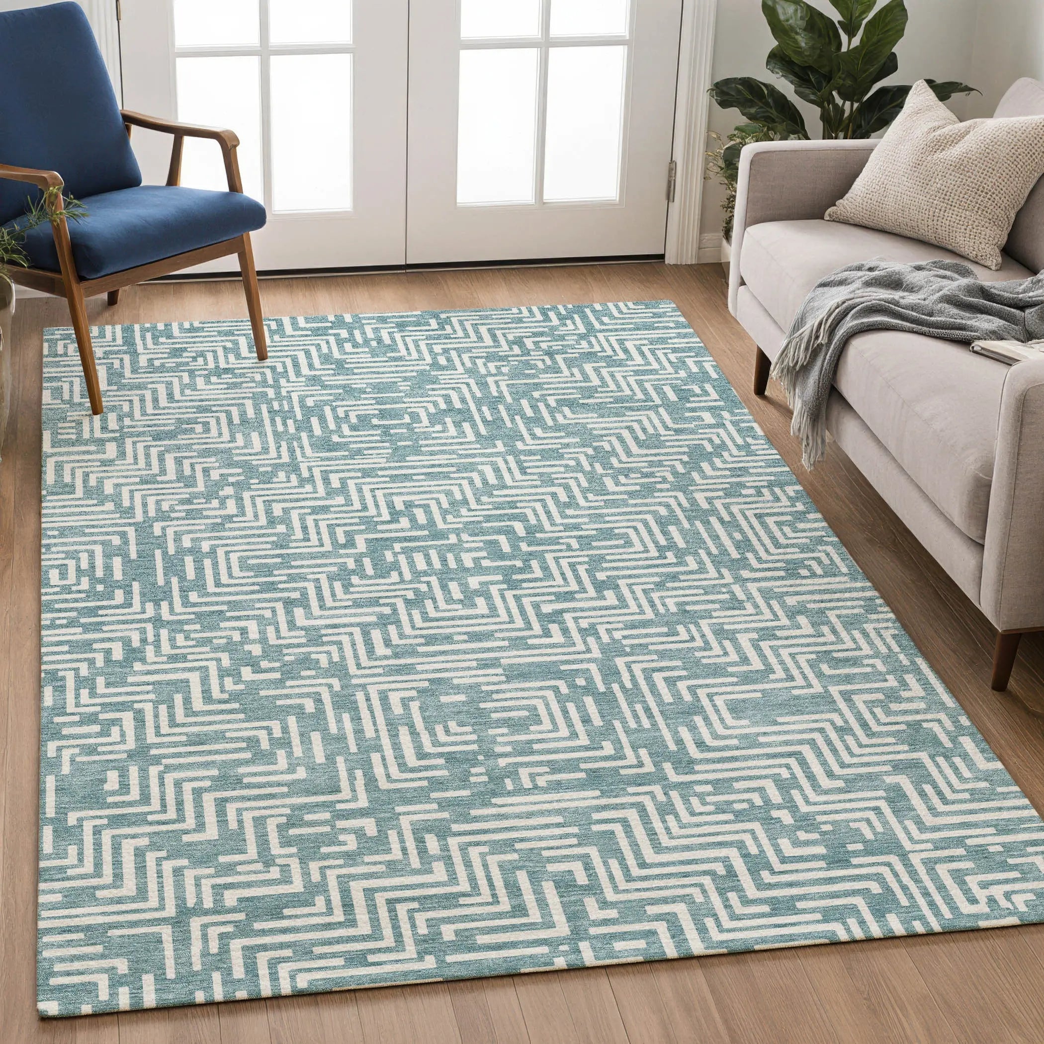 5' X 8' Teal Blue And Ivory Geometric Washable Indoor Outdoor Area Rug Homeroots Outdoor