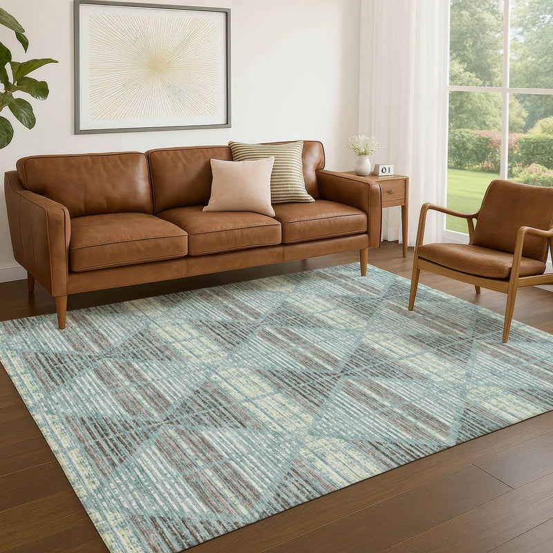 5' X 8' Teal Blue And Ivory Geometric Washable Indoor Outdoor Area Rug Homeroots Outdoor
