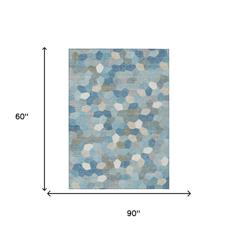 5' X 8' Teal Blue And Ivory Geometric Washable Indoor Outdoor Area Rug Homeroots Outdoor