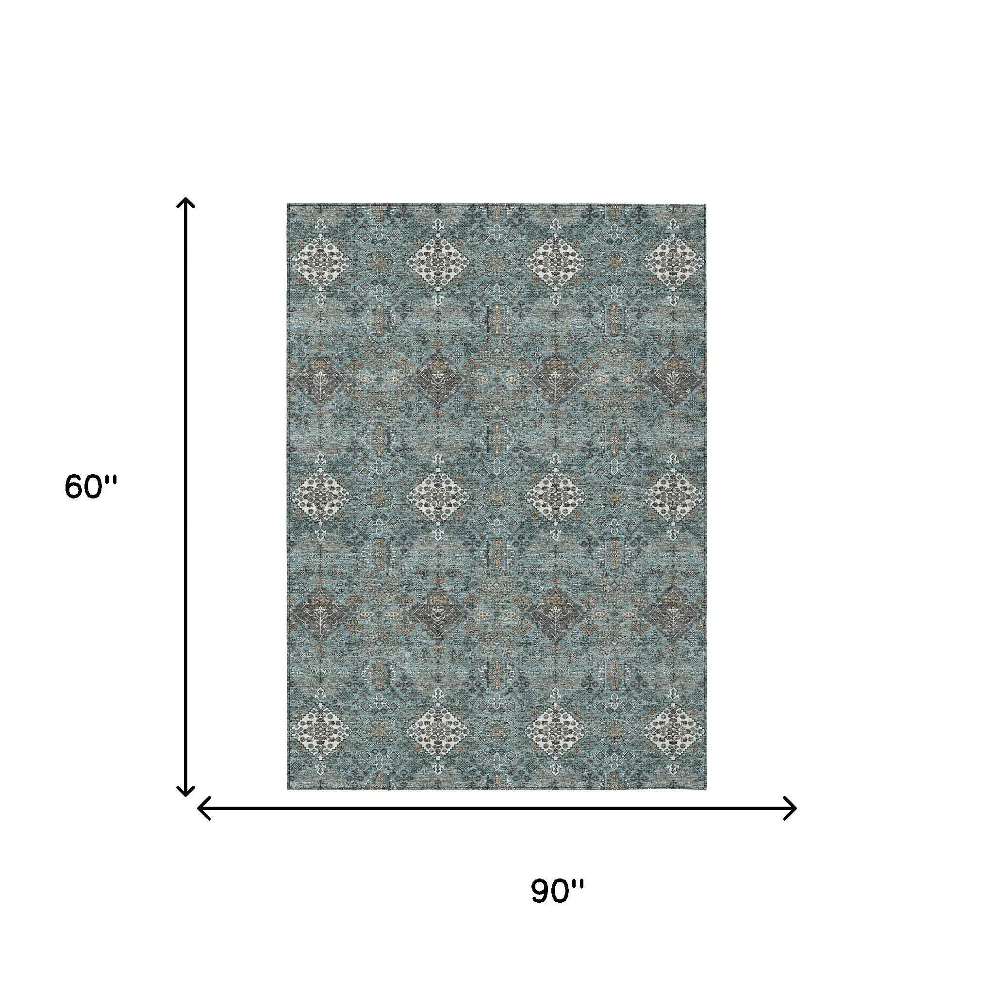 5' X 8' Teal Blue And Ivory Geometric Washable Indoor Outdoor Area Rug Homeroots Outdoor
