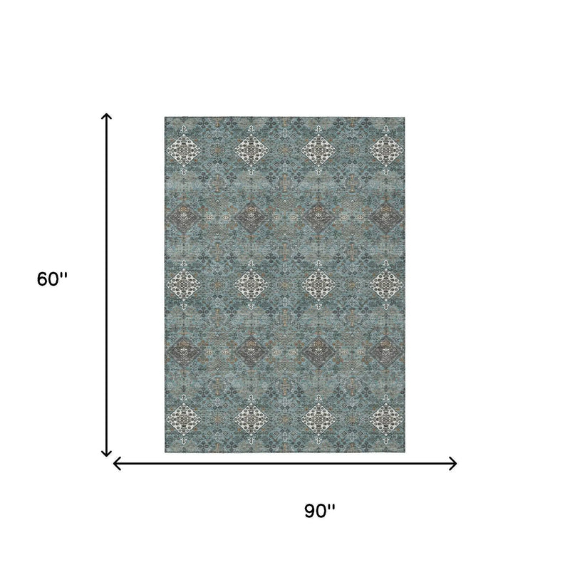 5' X 8' Teal Blue And Ivory Geometric Washable Indoor Outdoor Area Rug Homeroots Outdoor