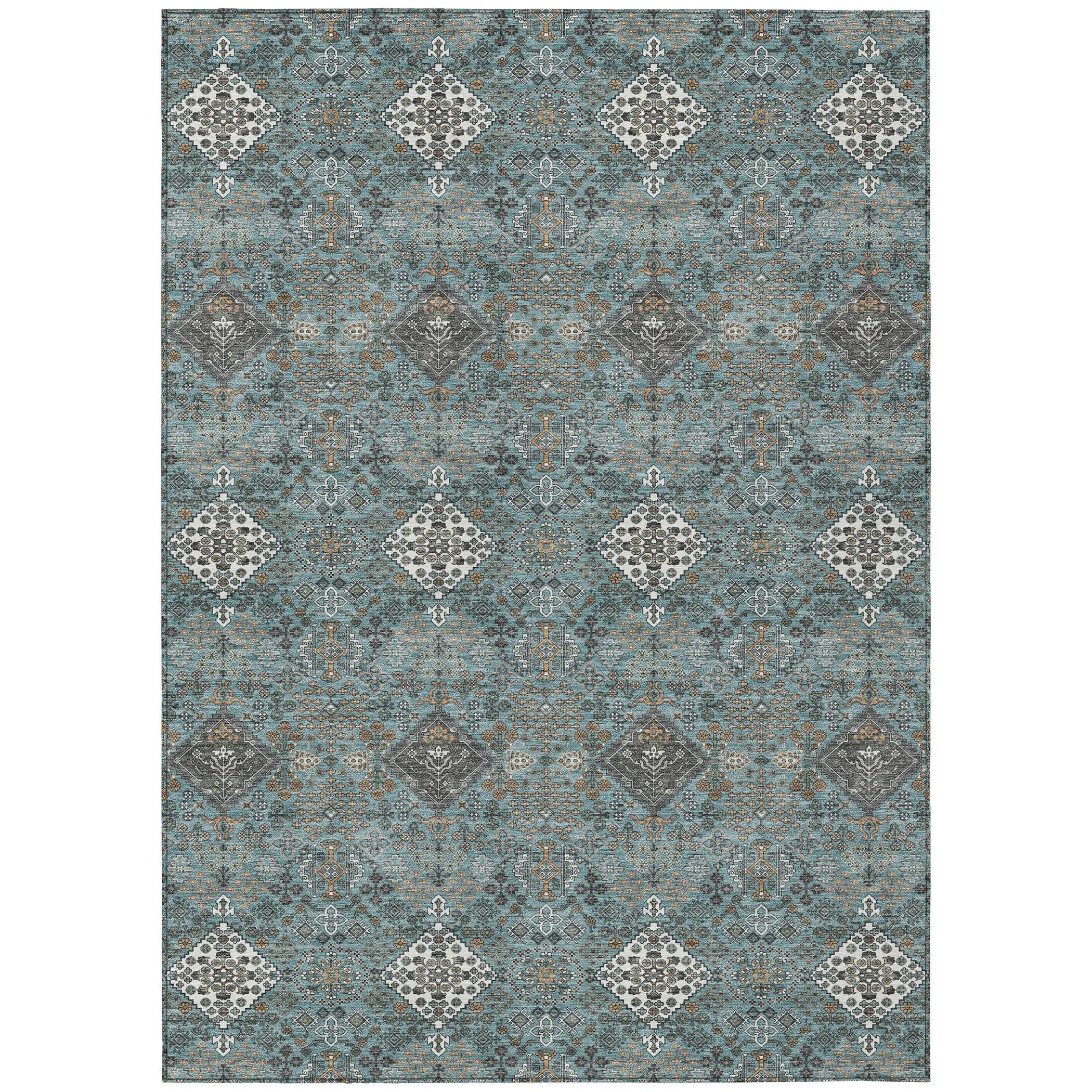 5' X 8' Teal Blue And Ivory Geometric Washable Indoor Outdoor Area Rug Homeroots Outdoor