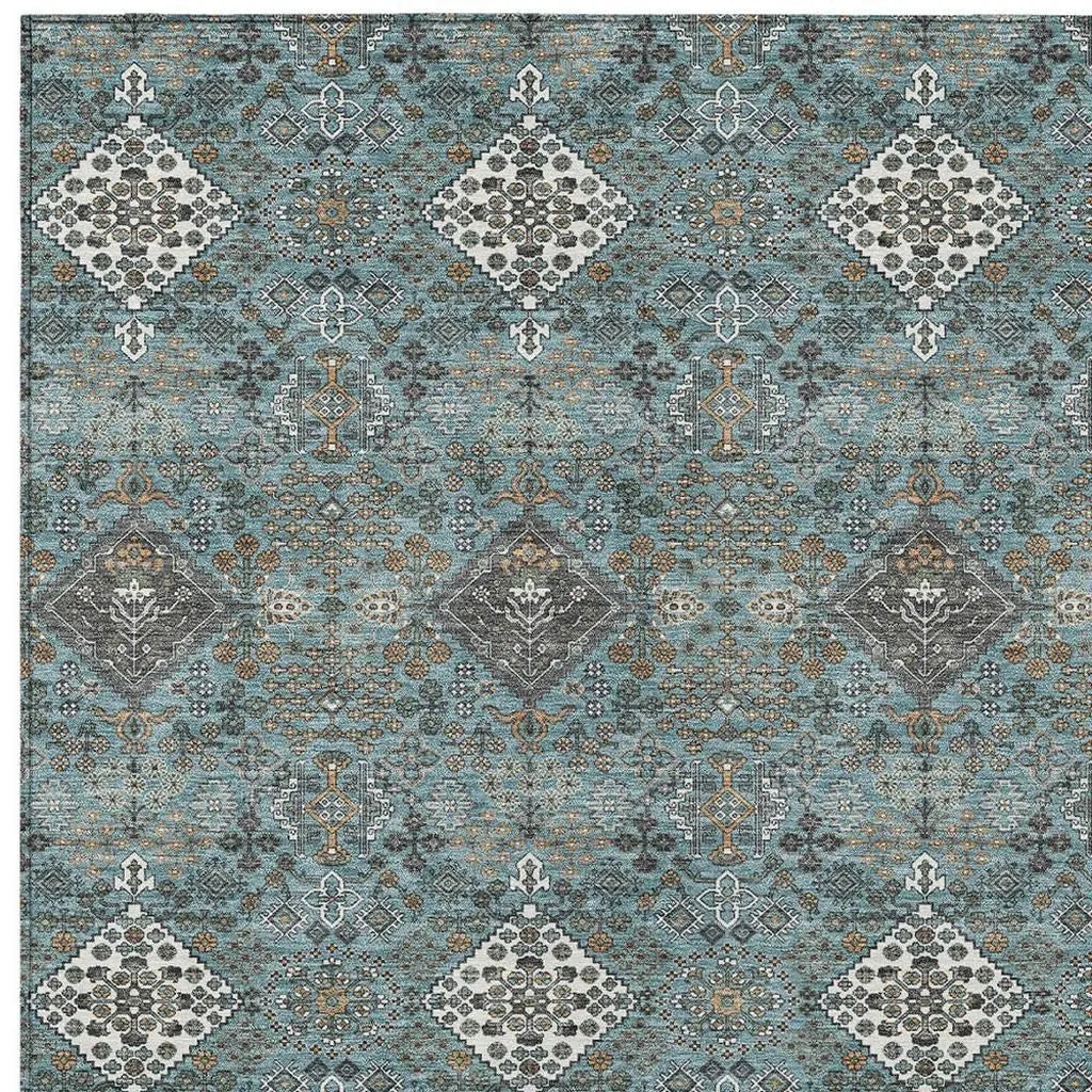 5' X 8' Teal Blue And Ivory Geometric Washable Indoor Outdoor Area Rug Homeroots Outdoor